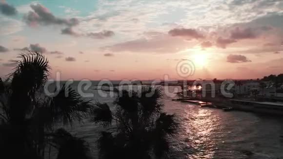 空中无人驾驶飞机观看日落时的海洋和旅游长廊近距离观看前面的棕榈树视频的预览图