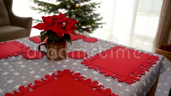 圣诞节节日的节日餐桌设置准备圣诞星和红色垫子视频的预览图
