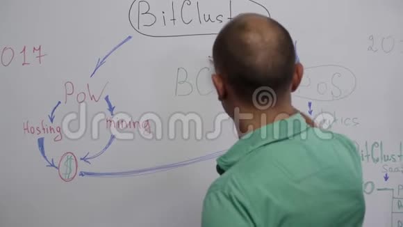 穿绿色t恤的秃头在白板上的大字母周围画红色圆圈视频的预览图