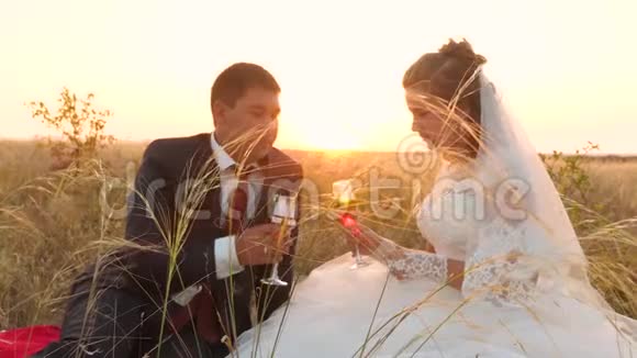 新娘和新郎正在敲香槟杯日落时坐在草地上互相微笑浪漫的夜晚视频的预览图