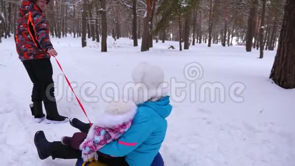 爸爸在公园的雪道上给妈妈和小宝宝打雪橇笑了视频的预览图