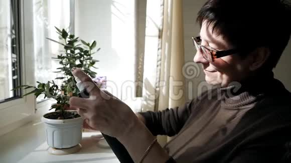 一个微笑的女人在窗户附近喷洒一个盆栽视频的预览图