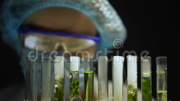 化验师观察试管与植物的反应替代燃料开发视频的预览图