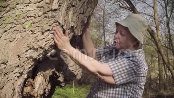 年长的女人抚摸一棵大树和它说话视频的预览图