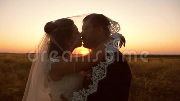 日落时新娘在面纱下亲吻新郎年轻人和女人都喜欢接吻视频的预览图