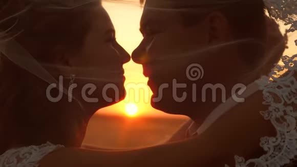 新娘和新郎在日落时擦鼻子和拥抱晚上男女情人之间温柔的目光和微笑视频的预览图