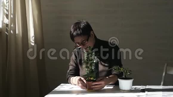 一位妇女照顾家中的植物用水浇灌它们视频的预览图