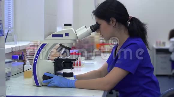 肖像专业实验室助理在实验室看显微镜视频的预览图