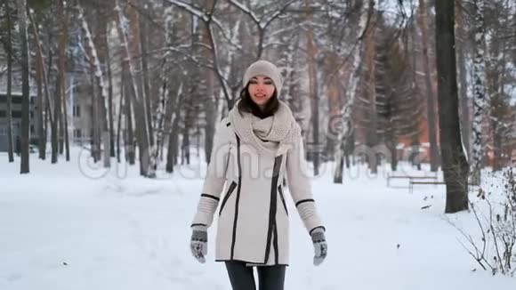 冬天美丽的年轻女子在公园里散步微笑着视频的预览图