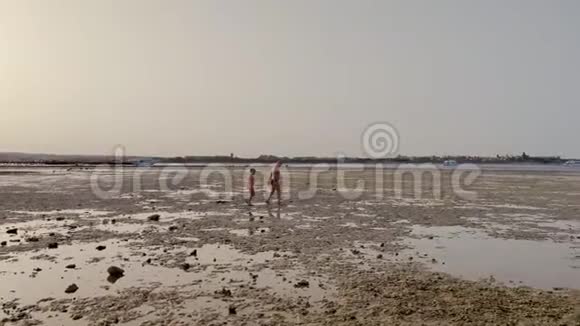 海滩低潮死礁日落时穿泳装的男女青少年在低潮时在海滩上散步考虑一下视频的预览图