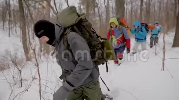 两个男的和两个女的徒步旅行者白天在冬天的森林里散步用棍子帮助自己视频的预览图