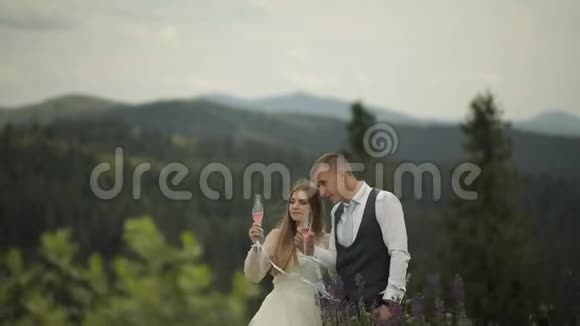 新郎和新娘在山上喝香槟新婚夫妇家庭视频的预览图