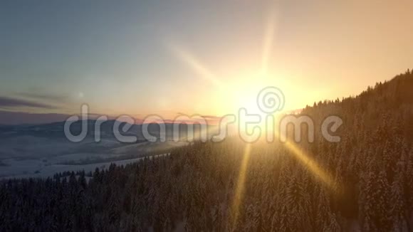 冬季喀尔巴阡山脉日出的鸟瞰图新的冬天即将来临飞越群山覆盖视频的预览图