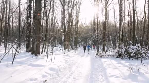 冬季森林年轻人和女人在早晨的树林里跑步人们在后台滑雪视频的预览图