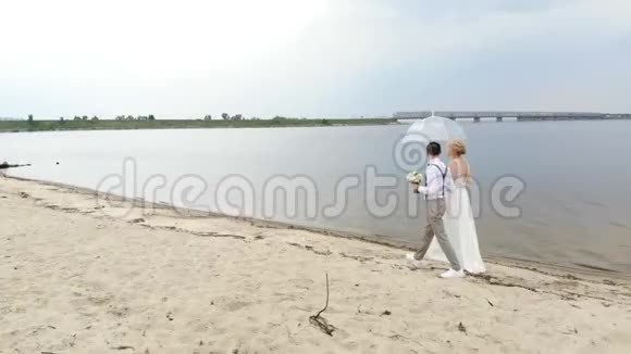 空中美丽的新婚夫妇沿着海滩散步在一把透明的伞下对着蓝天河流和一个视频的预览图
