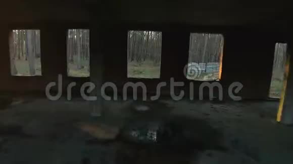 FPV无人机在日落时分通过废弃的建筑和秋林飞行视频的预览图
