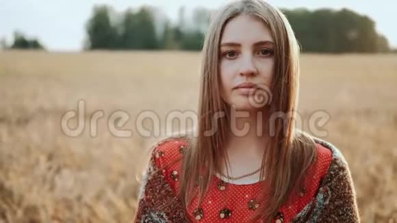 美丽的年轻女孩站在麦田里在夕阳下看着相机的肖像现代农业快乐视频的预览图