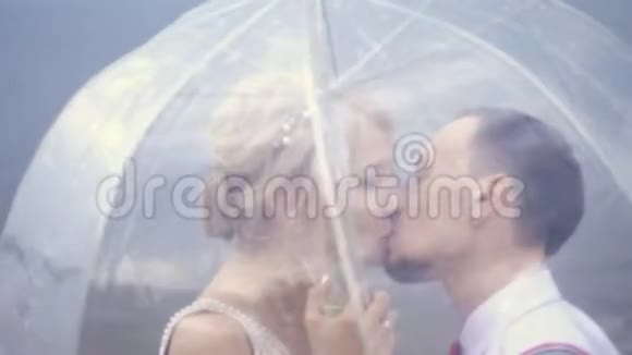特写年轻漂亮的新婚夫妇在透明的伞下亲吻春天阳光明媚的一天婚礼视频的预览图