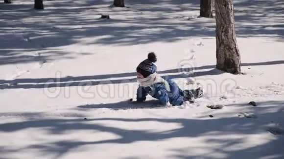 一个活跃的男孩在一个白雪皑皑的公园里爬满了四棵树视频的预览图
