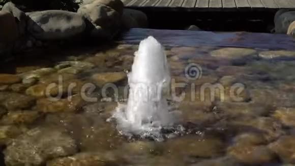 池塘里一个泉水的形式的小喷泉把一股水流冲上来视频的预览图