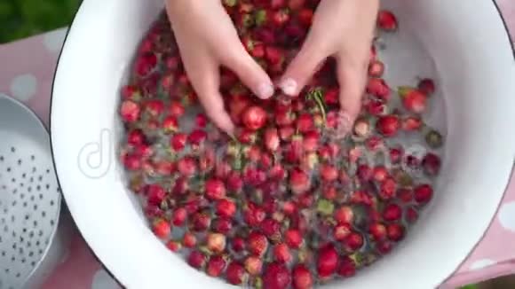 孩子们用手在碗里洗小草莓把净浆果放在一个香菜里视频的预览图