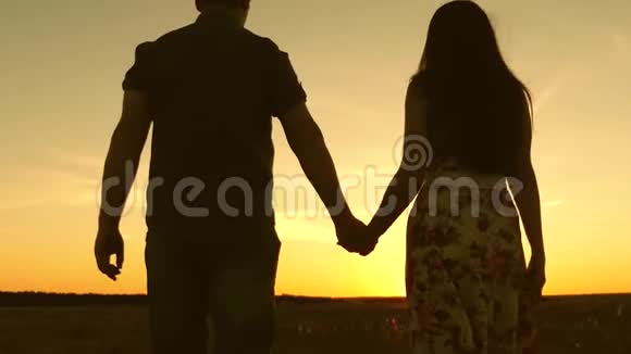 幸福的家庭携手旅行在阳光下的田野里恋爱中的年轻夫妇走过田野视频的预览图