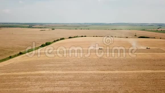 鸟瞰两个现代结合收割小麦在田间顶部视图视频的预览图