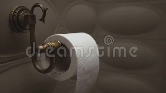 在厕所的墙壁上的金属坐骑上滚动卫生纸一个女人手解开纸视频的预览图