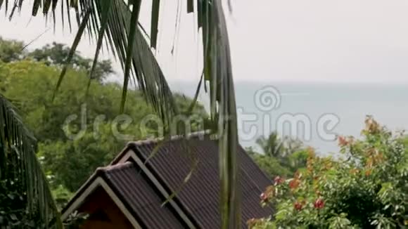 热带夏季雨下大雨落在花园的稻草屋顶上印度尼西亚巴厘视频的预览图