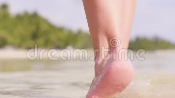 在热带海滩上的海水中靠近雌足穿比基尼的美女在海边的水上奔跑视频的预览图