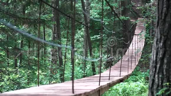 徒步穿越绿色密林的一座吊桥上面有一个带红色背包的男子旅行者库存数据视频的预览图
