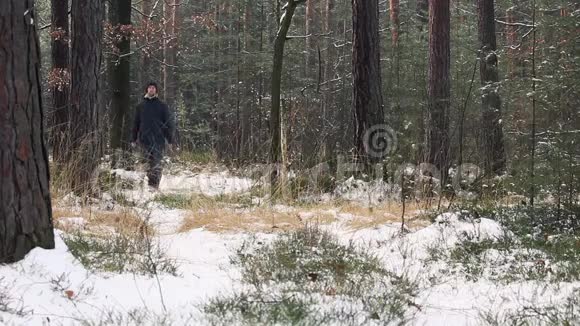 年轻人走在冬天的森林前面视频的预览图