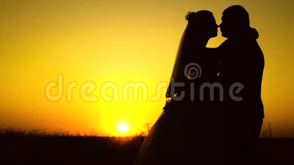 一对情侣在夕阳下相爱的剪影年轻的已婚夫妇在日落时亲吻和拥抱已婚视频的预览图