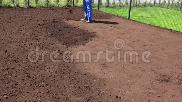 工人倒肥沃的土壤以丰富土壤在院子里播种草坪静态射击视频的预览图