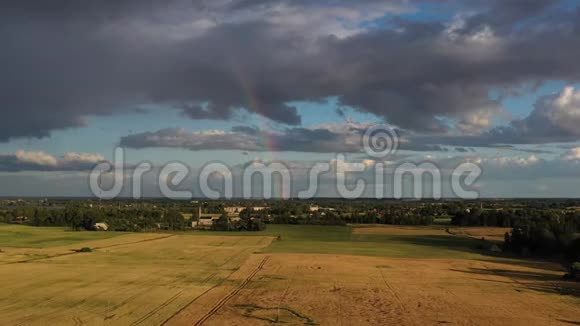 夏季结束彩虹覆盖成熟的麦田空中视频的预览图
