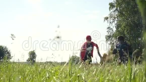 快乐的一家人在日落时在夏天的绿色田野里玩得很开心慢动作视频的预览图