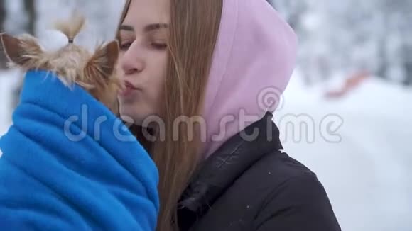 一个年轻的女孩在一个冬天白雪皑皑的公园里亲吻一只约克郡的猎犬抱着一条裹在蓝色毯子里的狗一个少年视频的预览图