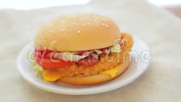 汉堡和鸡切片番茄和奶酪在白色盘子上旋转成一个圆圈视频的预览图
