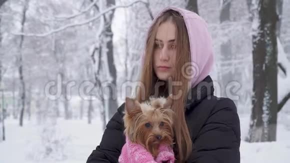 一位留着长发的孤独可爱女孩拥抱着一只穿着羊毛衫的约克郡猎犬双手抱着狗视频的预览图