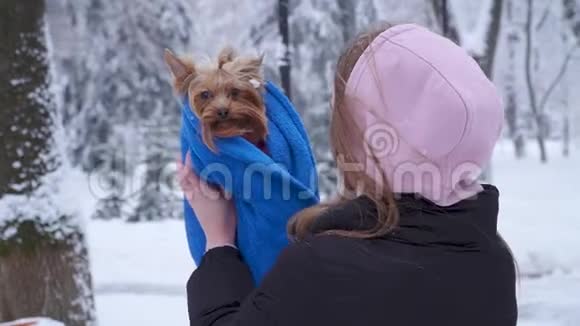 年轻女子在户外用毛巾把小狗裹起来慢动作视频的预览图