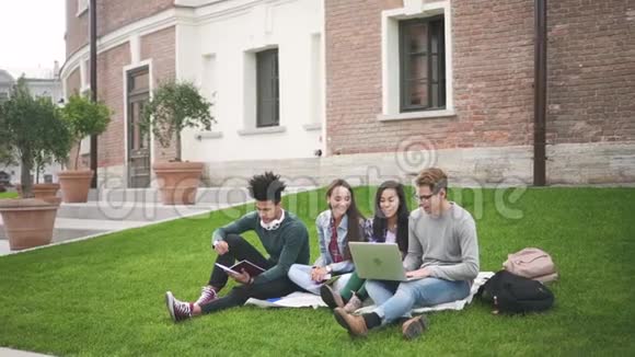 混合种族的学生坐在校园后面宜人的草地上视频的预览图