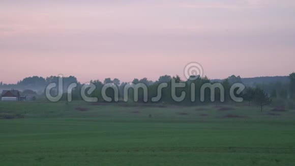 日落时分开车穿过城外的乡间田野背景中粉红色的日落景观天空视频的预览图