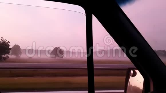 夏天从一扇移动的汽车窗户上看到薄雾般的草地和木纹视频的预览图