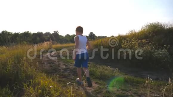 在阳光明媚的日子里小男孩在田野附近的农村小径上奔跑孩子们在乡村咆哮中慢跑快乐微笑男视频的预览图