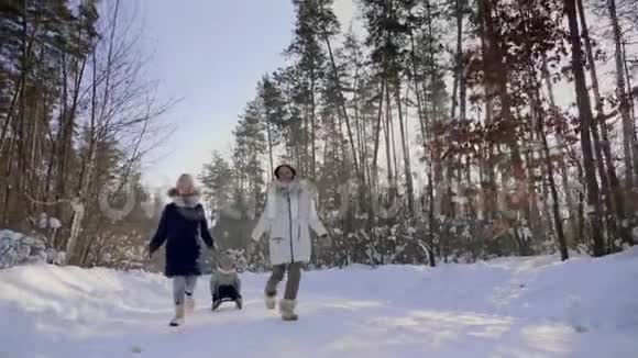带着孩子的女人在穿过森林的雪道上奔跑视频的预览图
