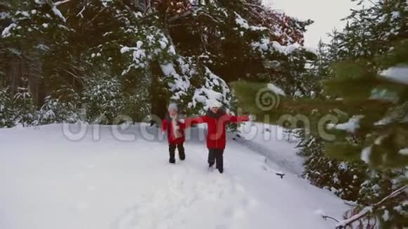 十几岁的女孩在松冬雪地公园里快乐地奔跑笑孩子们在冬天玩追赶圣诞节假期儿童视频的预览图
