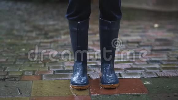 深蓝雨靴的人站在后院城市街道或公园铺成的道路上在大雨秋雨中穆迪视频的预览图