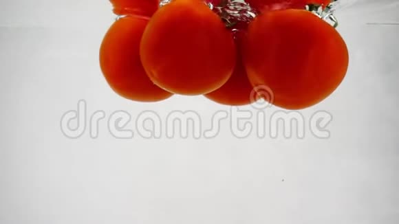 蔬菜红番茄在白色背景下慢慢沉入水中视频的预览图