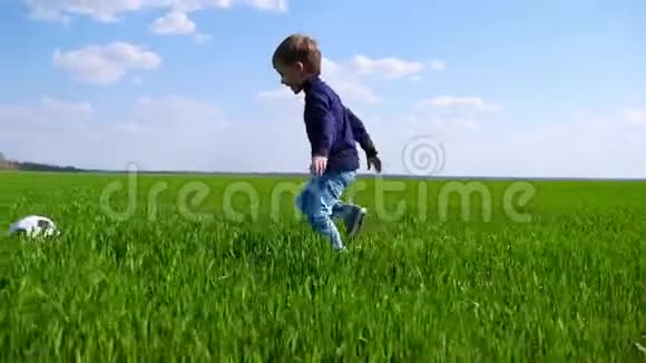 一个快乐的孩子跑过草地慢悠悠地踢足球视频的预览图