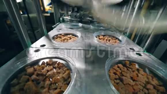 在一家食品厂带有面包零食的塑料盘子被用铝箔密封视频的预览图